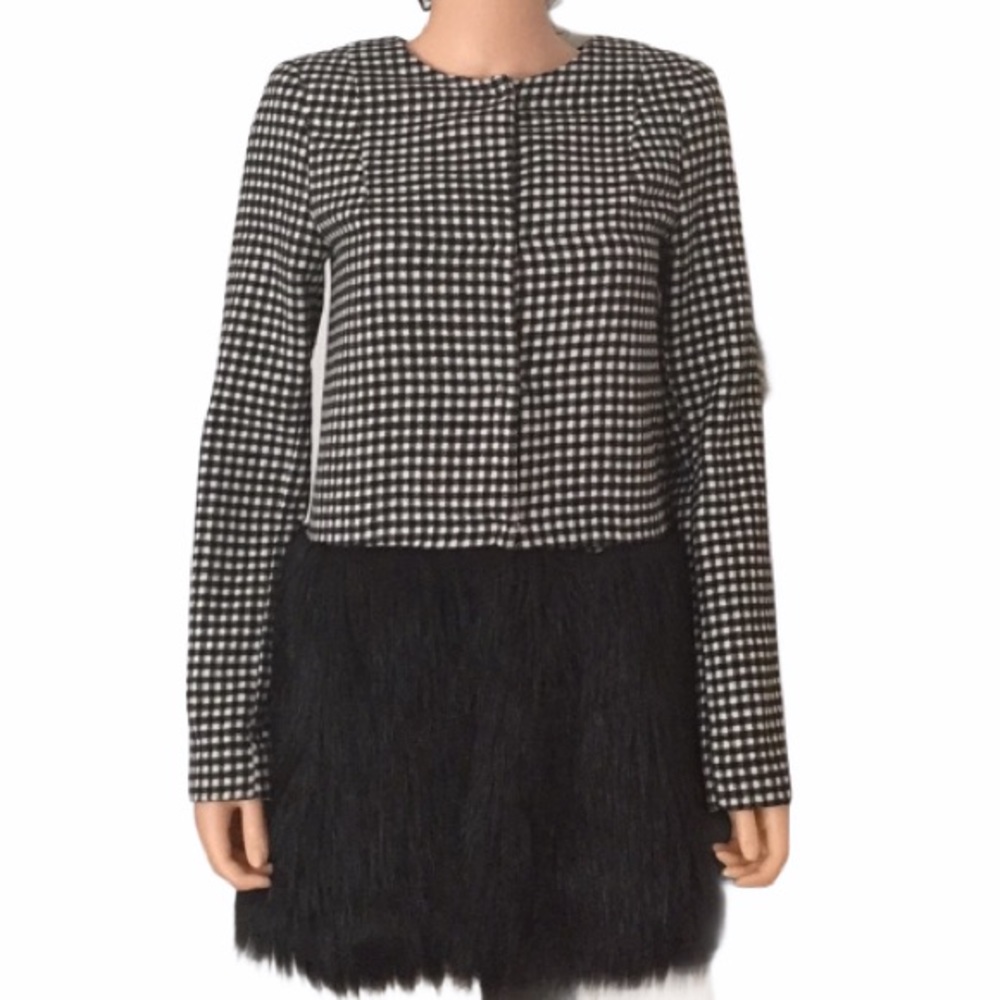 NWOT Elle Houndstooth Checkered Jacket Coat Faux Fur Bottom